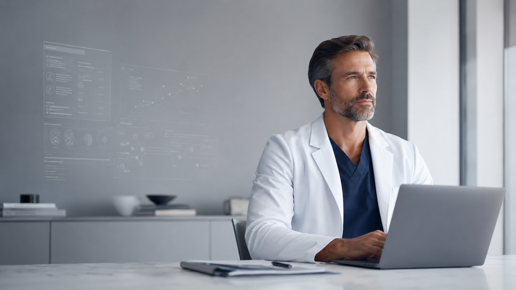 Physician working with medical AI software prototype
